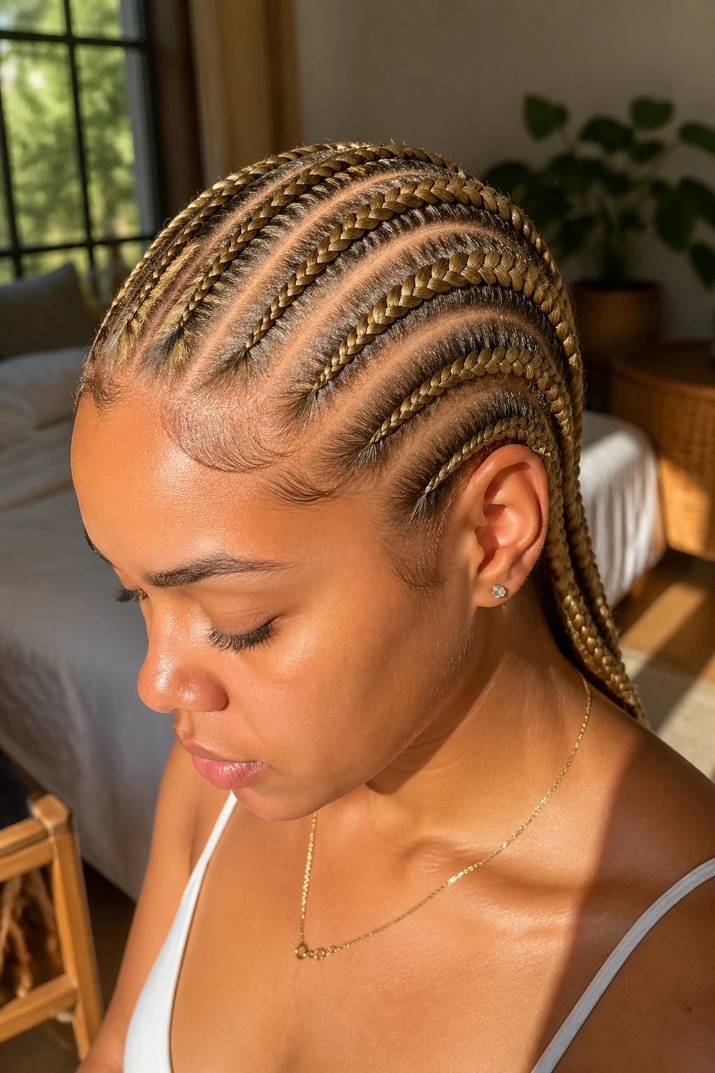 Close-up of a real woman with six honey-blonde cornrows from hairline to nape