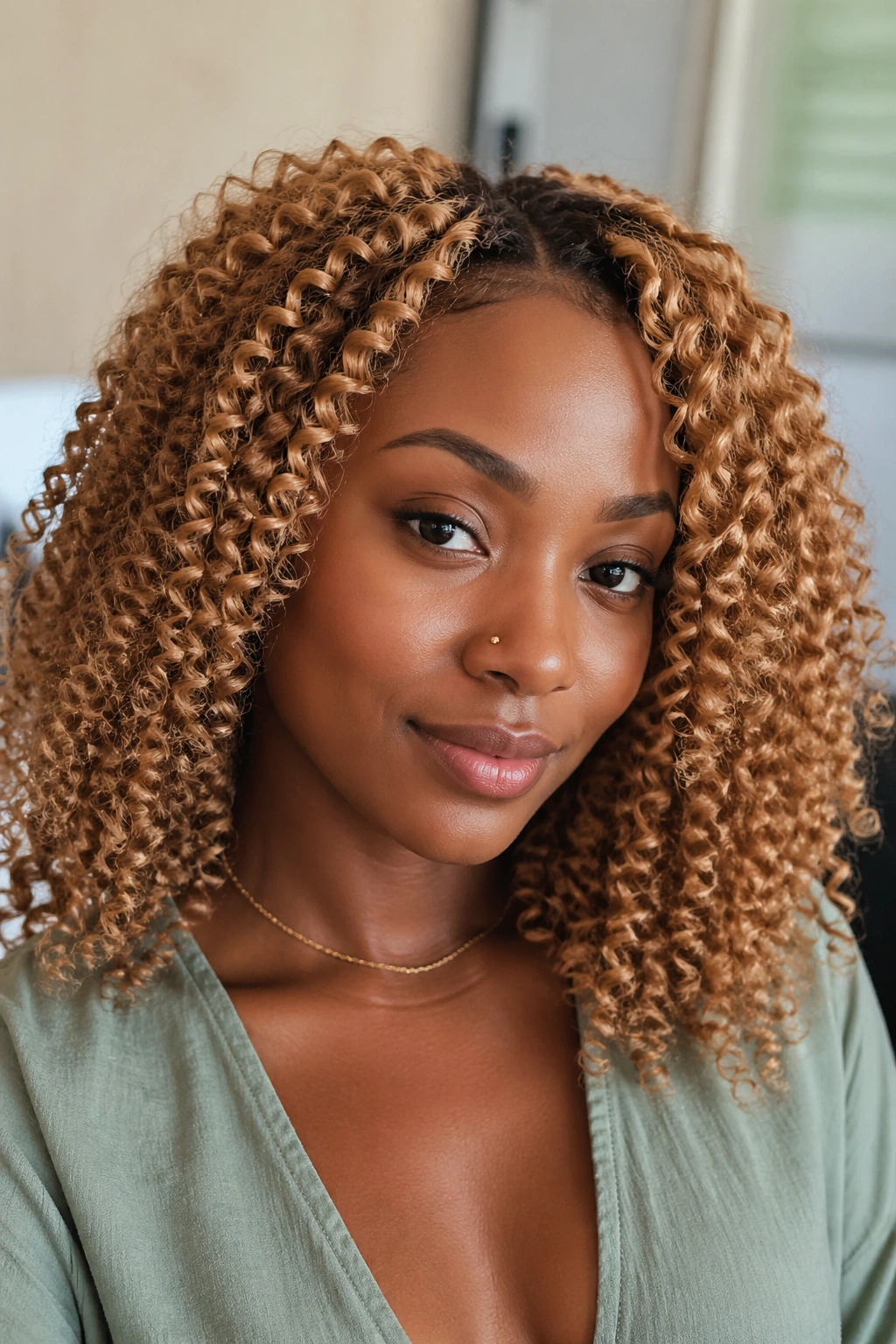 Close-up portrait of woman with honey blonde crochet curls indoors