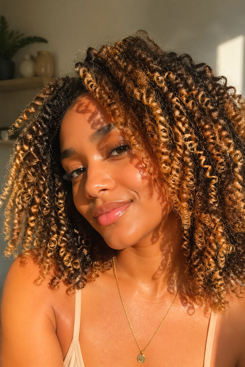 Close-up of curls with honey blonde highlights in sunlight