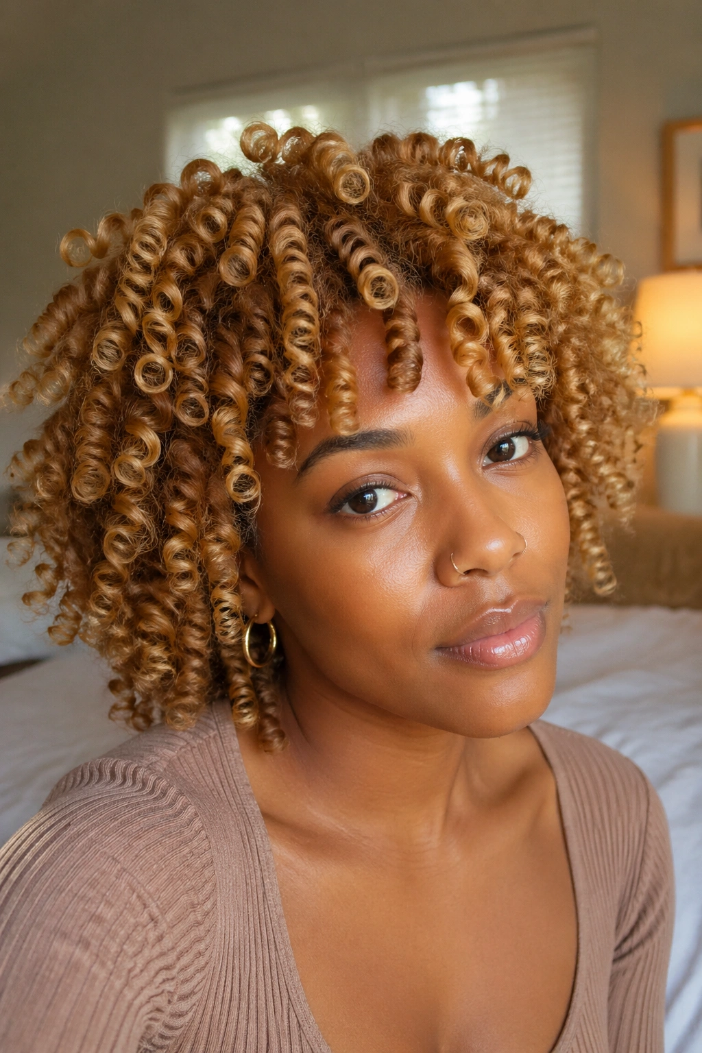 Close-up of a real woman with honey blonde spiral curls from a Bantu knot-out.