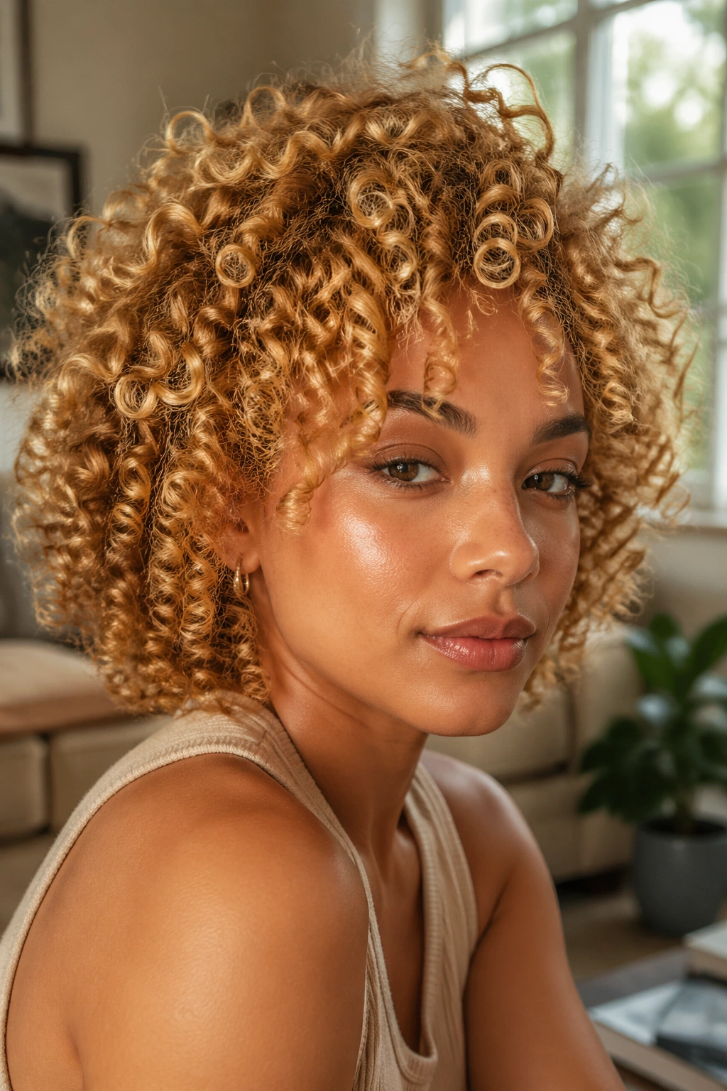 Close-up of a real woman with honey-blonde bleached curls in warm window light