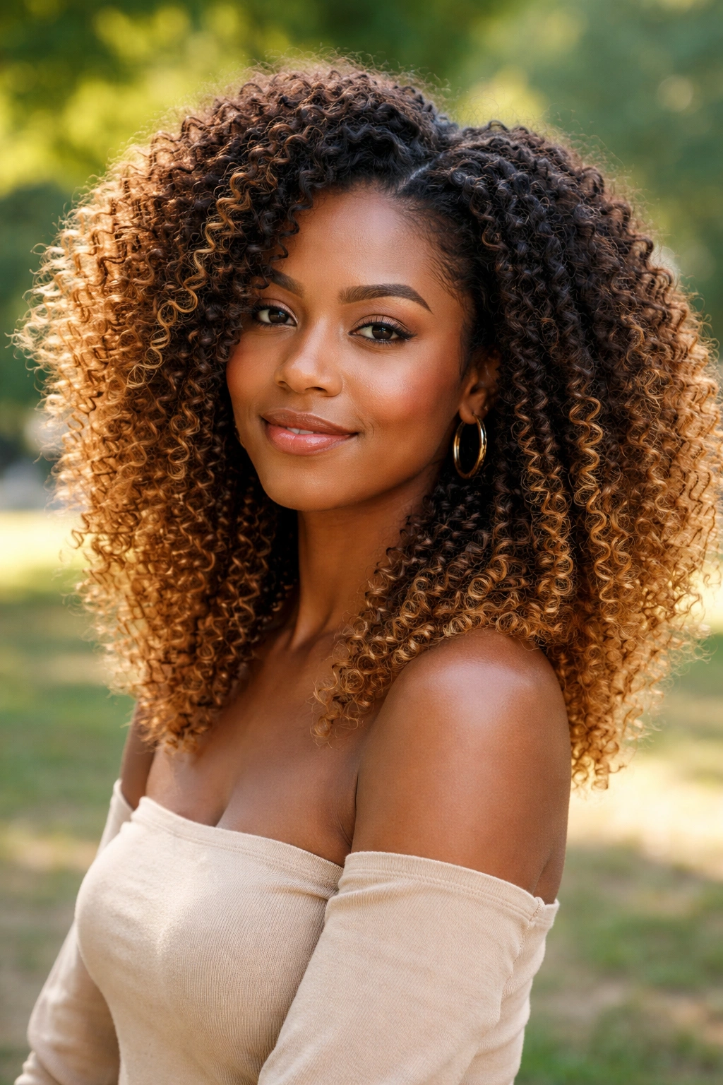 Close-up of a woman with natural coils and honey-blonde tips