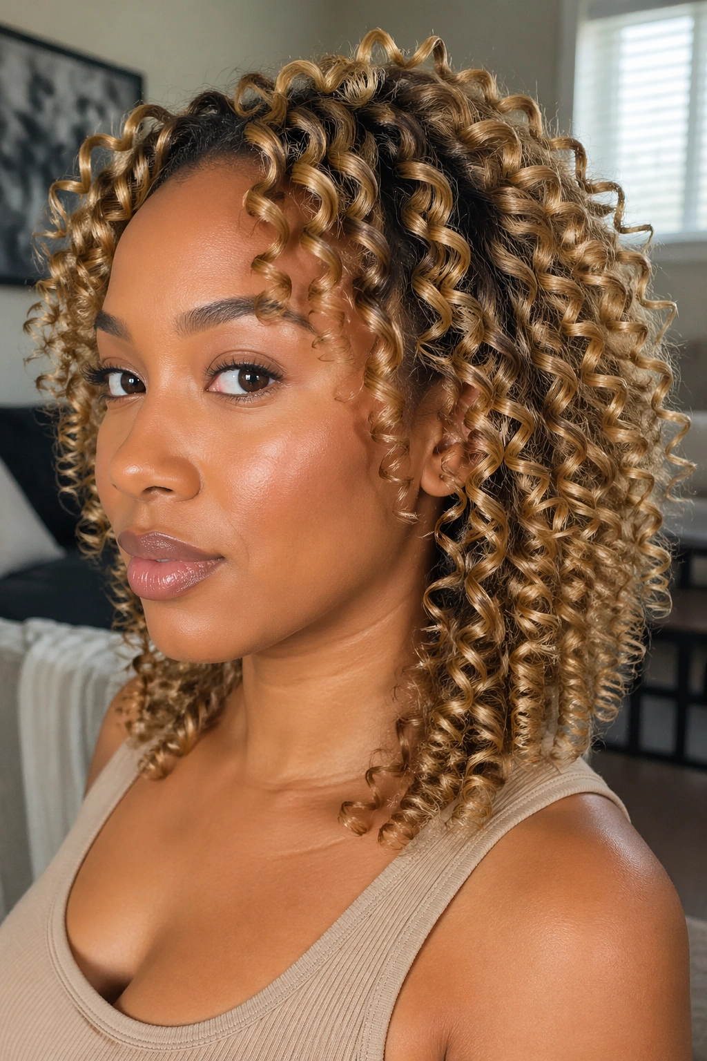 Close-up of a real woman with honey blonde curls in a uniform spiral pattern