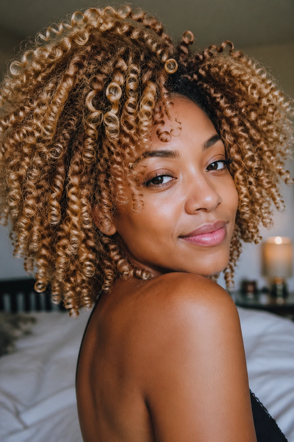 Close-up portrait of a real woman with honey blonde natural curls, warm window light