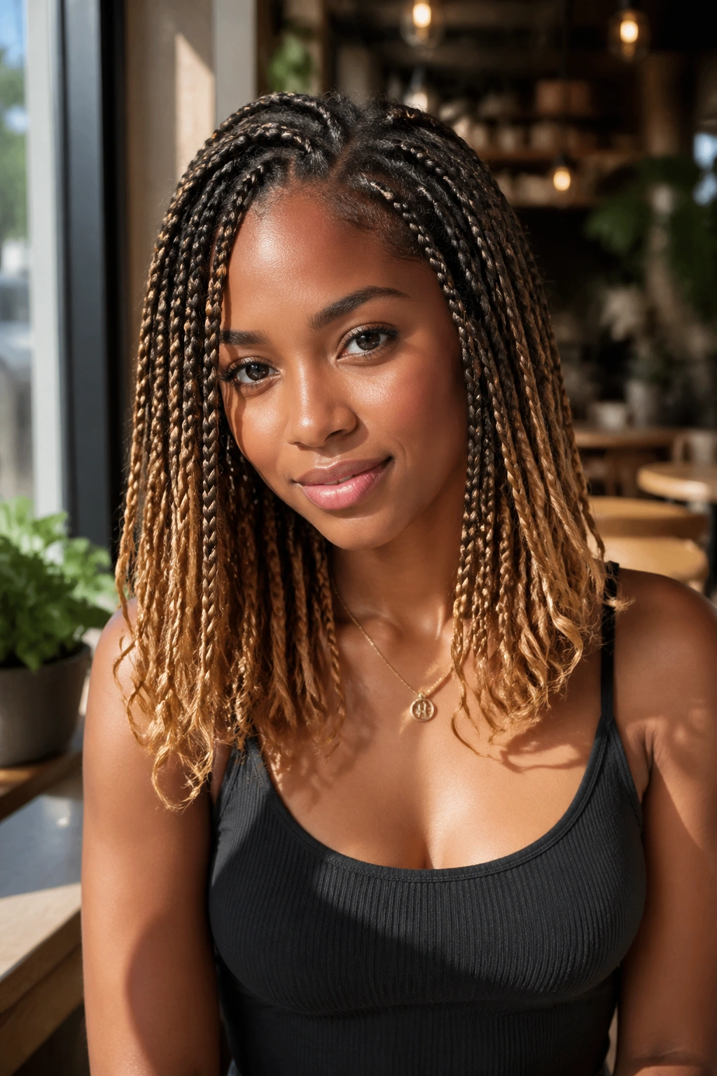 Close-up of honey-blonde ends on medium-length knotless braids