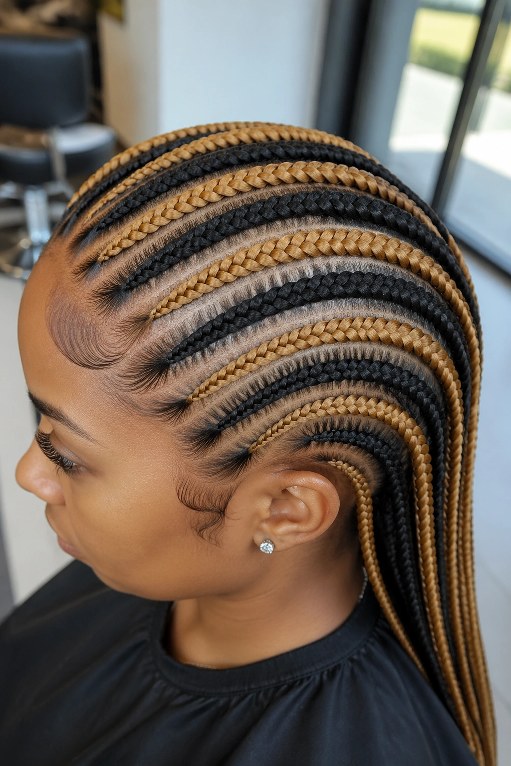 Close-up of honey blonde feed-ins on black base cornrows on a real person's head
