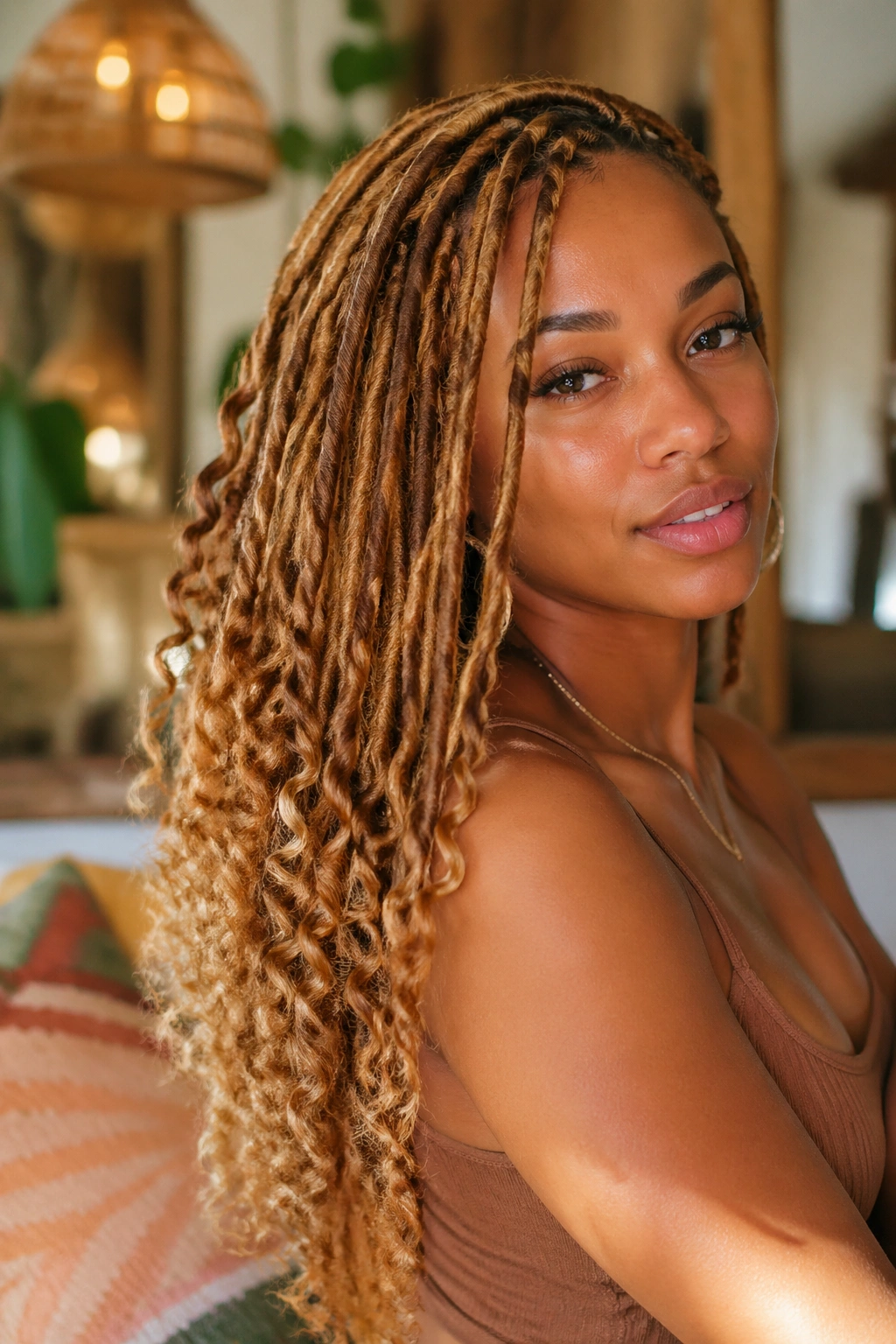 Close-up portrait of woman with honey blonde goddess locs and loose curled ends