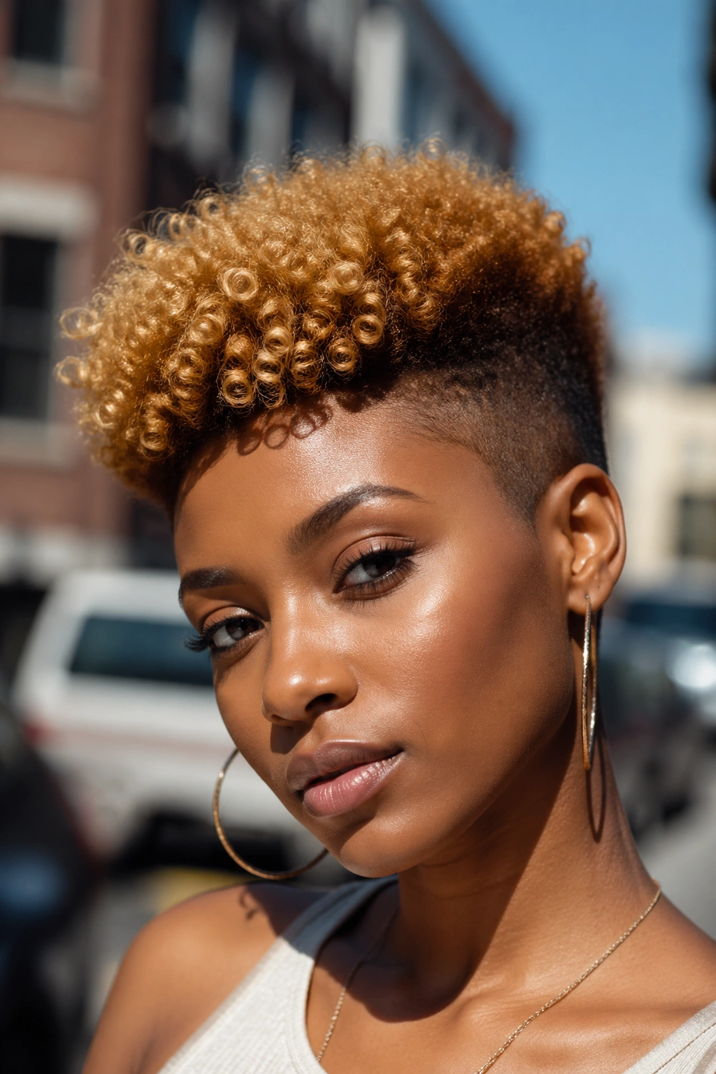 Close-up of a real person with honey blonde high-top fade and curls in natural daylight