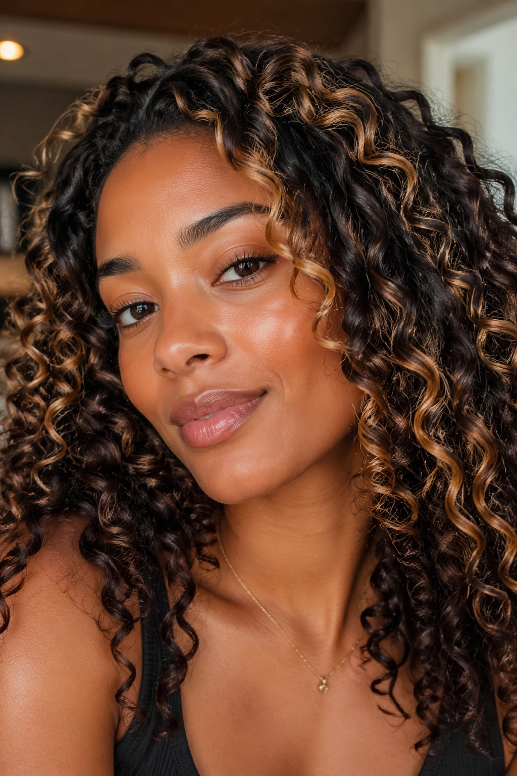 Close-up of dark curls with honey blonde highlights on a real person.