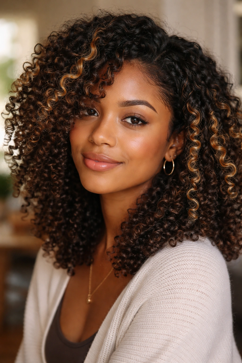 Close-up of a real woman with dark curly hair showing honey blonde highlights catching light.