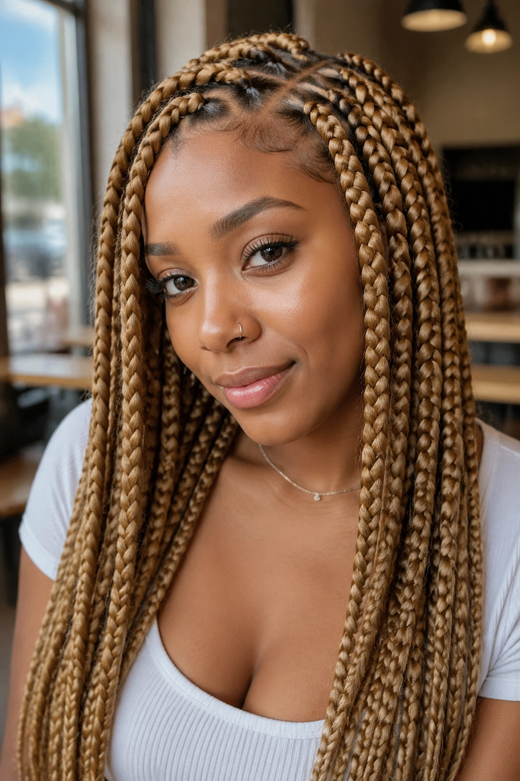 Close-up portrait of real person with honey blonde jumbo box braids.