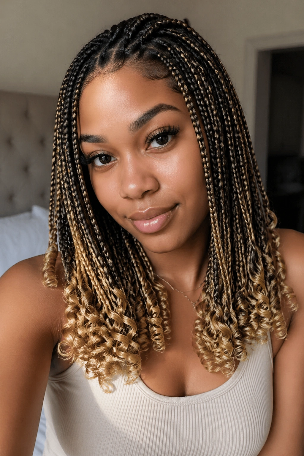 Close-up portrait of a woman with honey blonde peekaboo knotless braids and curly ends.