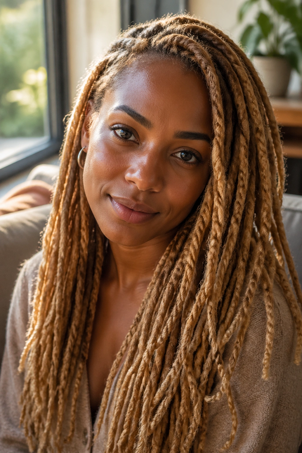 Close-up portrait of a real woman with honey blonde locs under warm window light