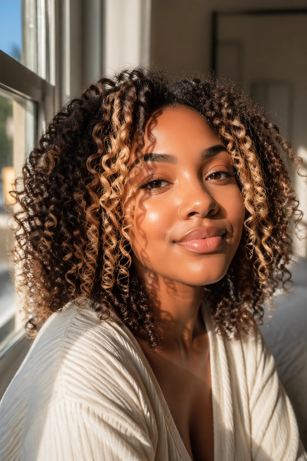 Wash-and-go hairstyle with honey blonde money piece framing the face