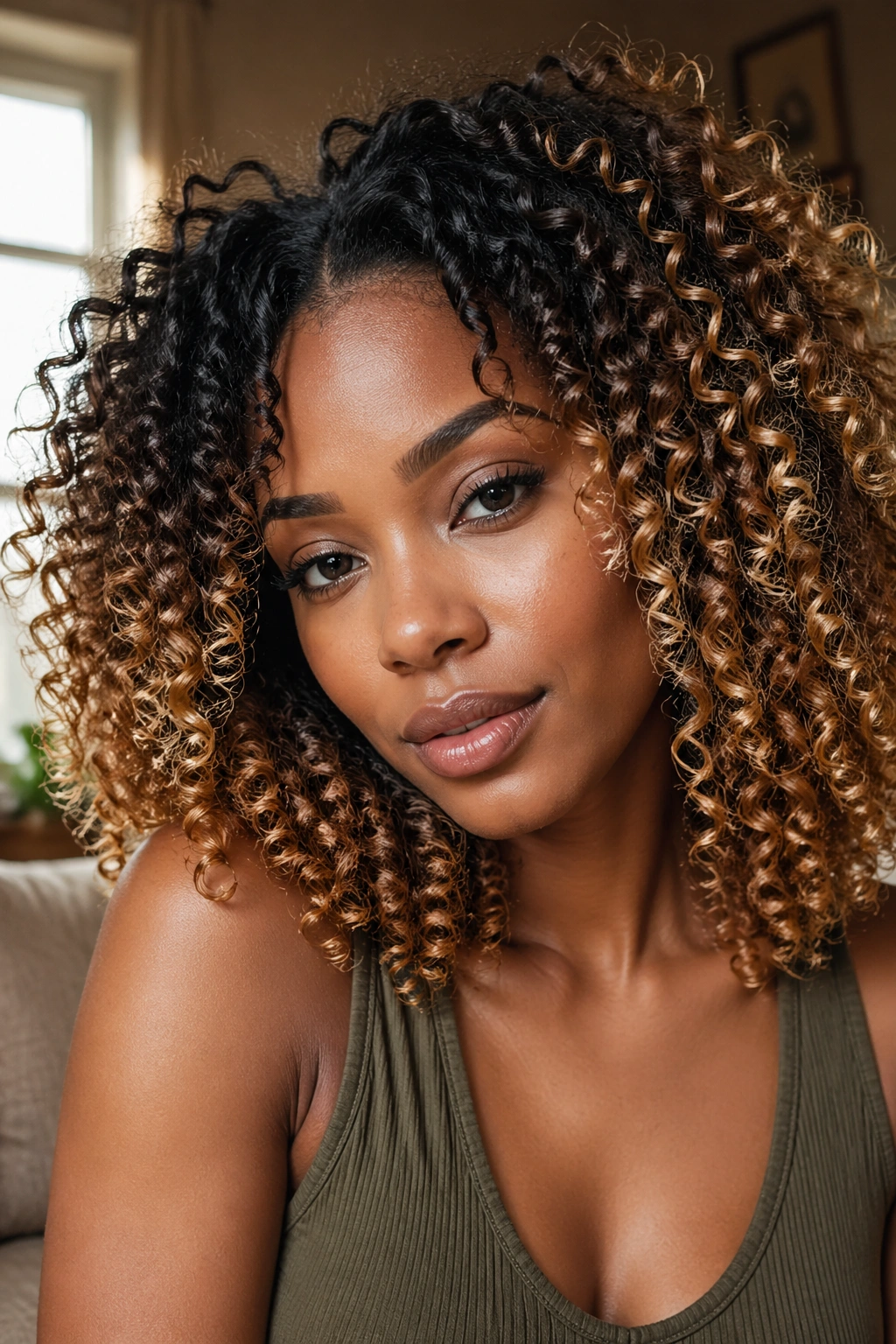 Close-up of a real woman with dark roots and honey blonde ombré curls.