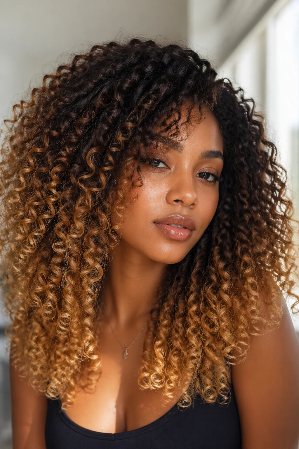 Close-up of dark brown roots to honey blonde ombre on natural curls