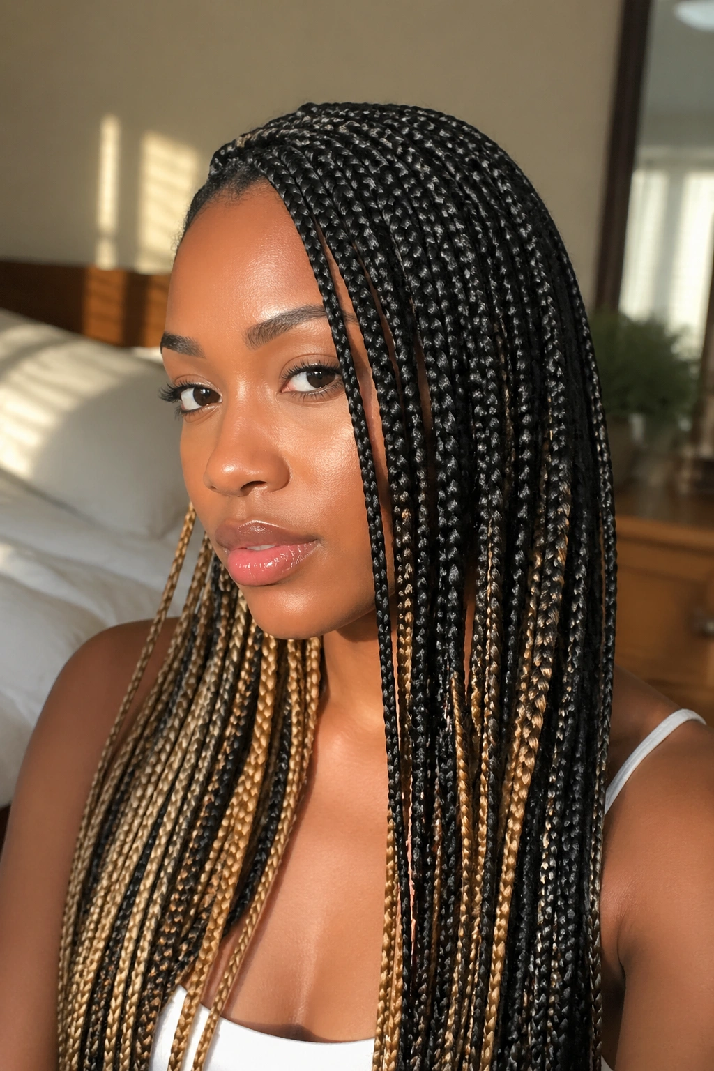 Close-up portrait of a real person with honey-blonde peekaboo under dark box braids