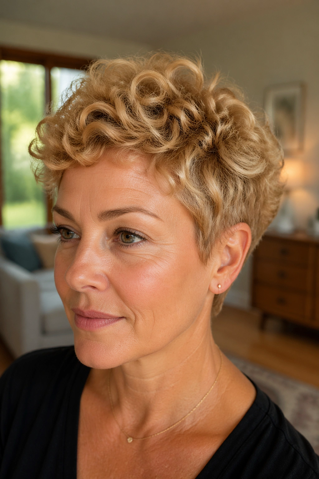 Close-up of a real woman with a honey-blonde curly pixie haircut, lifted crown and tapered nape.