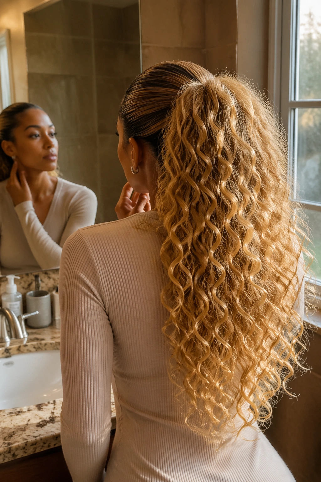 Over-the-shoulder view of honey blonde curly ponytail in bathroom mirror.
