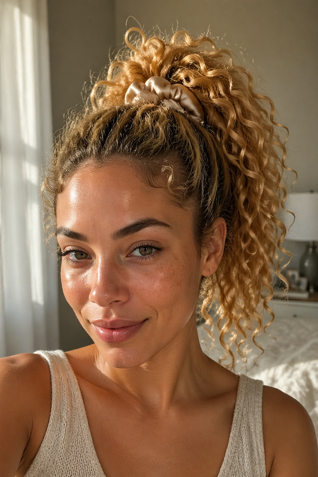 Close-up portrait of a real woman with a honey-blonde curly ponytail.