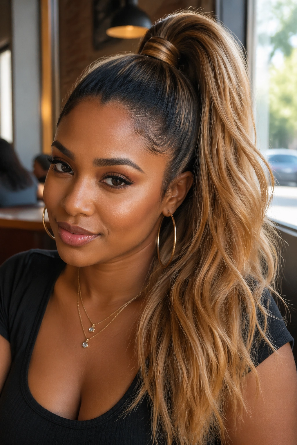 Close-up of a real woman with a honey blonde high ponytail in ombre with crown lift