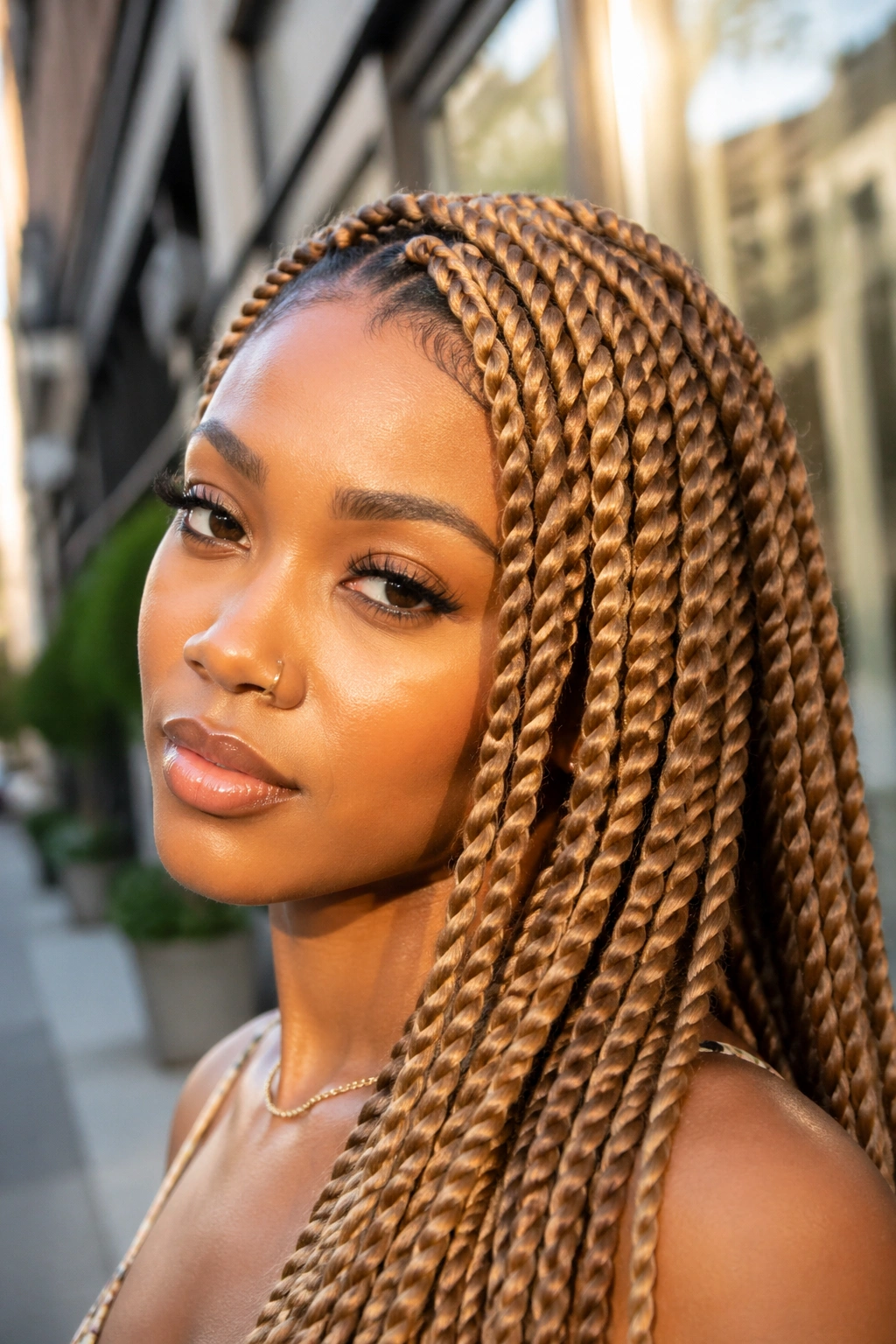 Close-up portrait of woman with honey blonde Senegalese twists outdoors