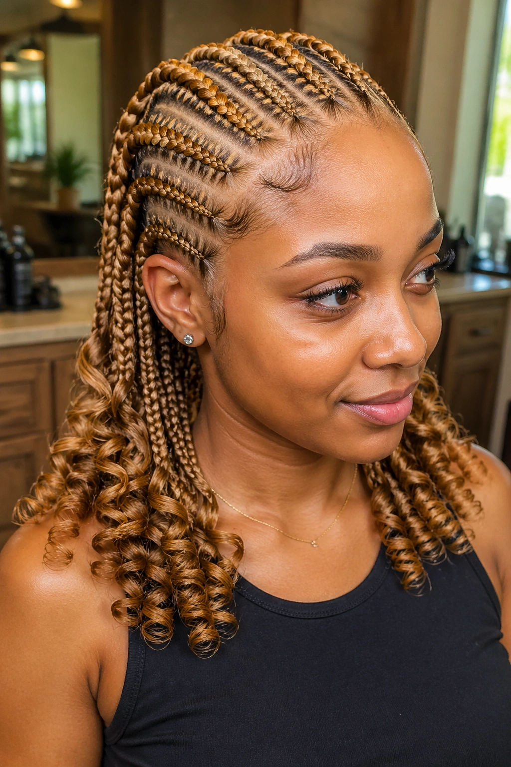Close-up of honey blonde stitch cornrows with curled ends on a real person in a warm salon setting.