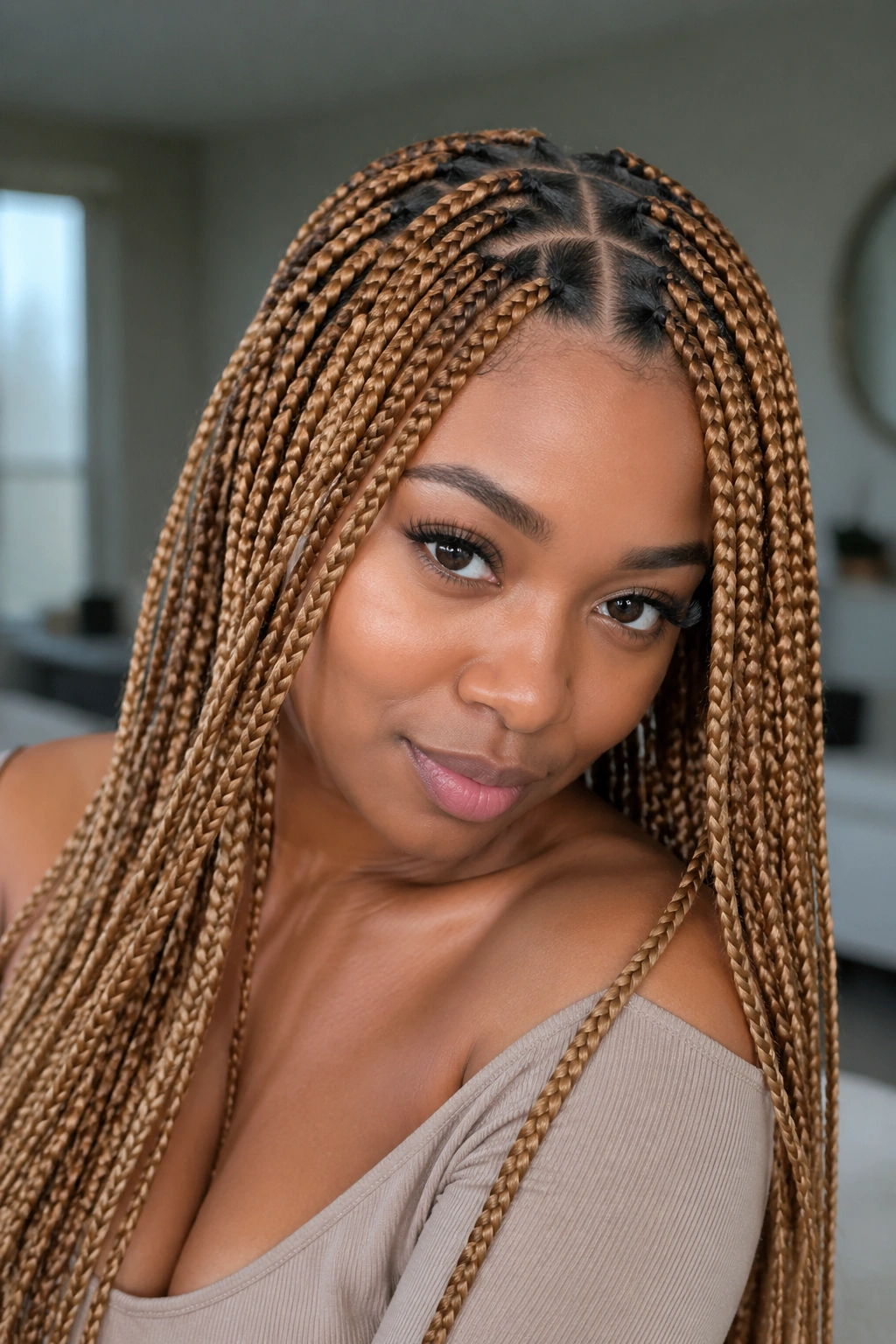 Real woman with honey blonde triangle-part box braids close-up