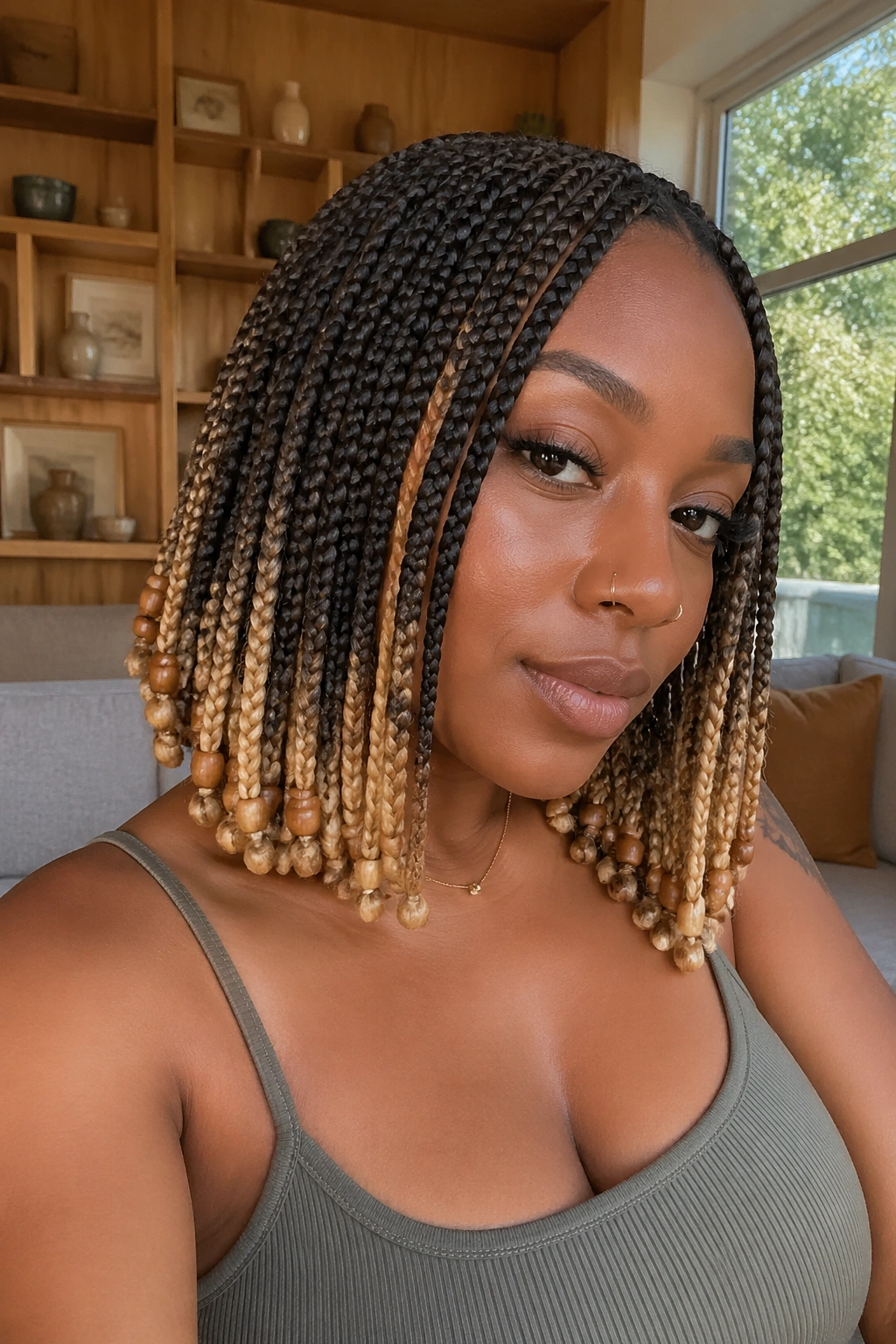 Close-up of honey blonde underlayers with wooden beads on short braids