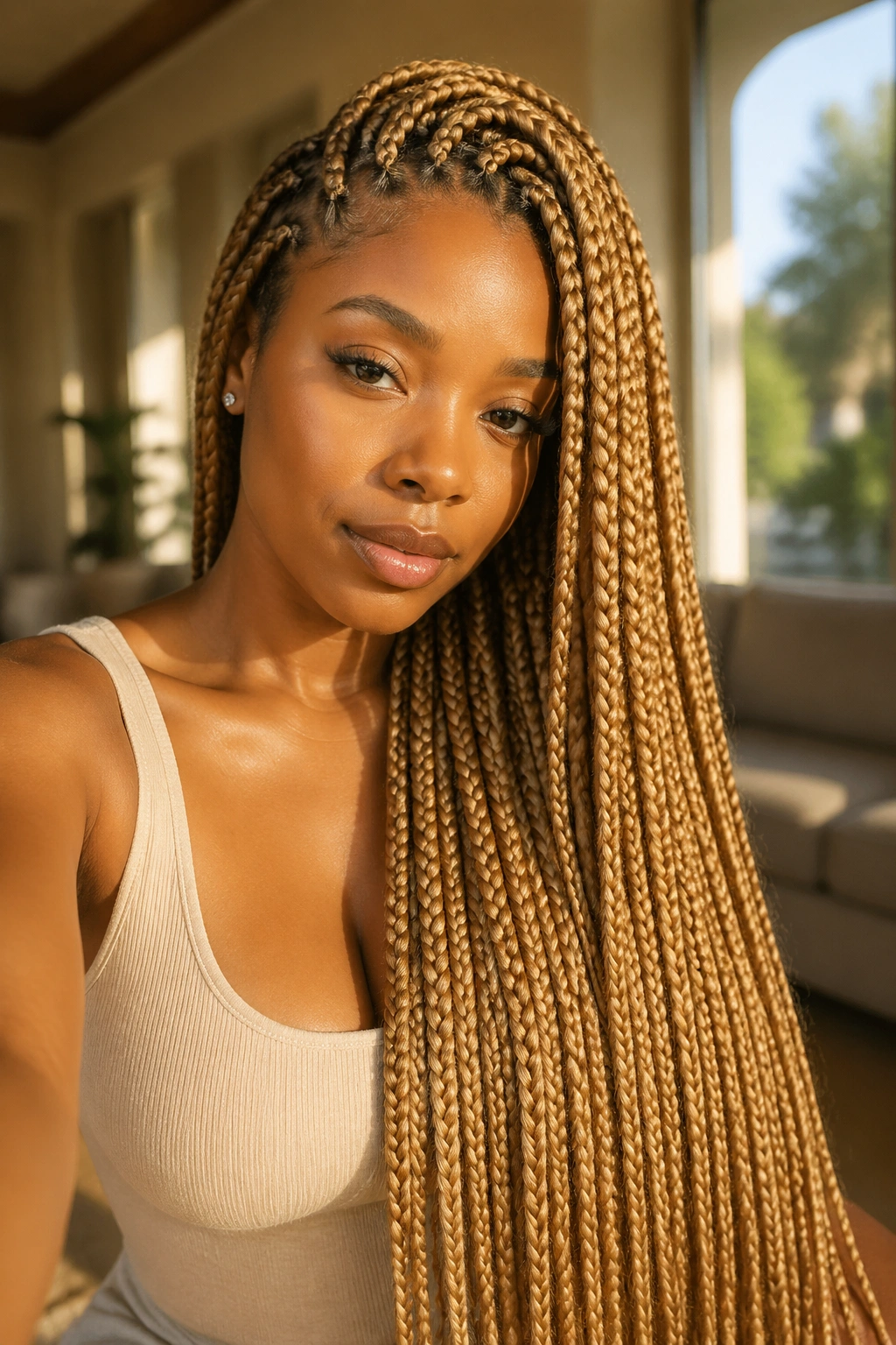 Close-up of a real woman with waist-length honey blonde box braids in warm natural light