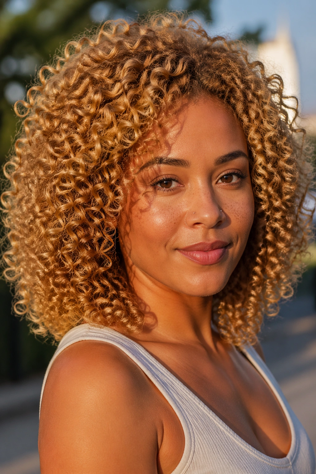 Close-up of honey blonde curls with defined wash-and-go texture