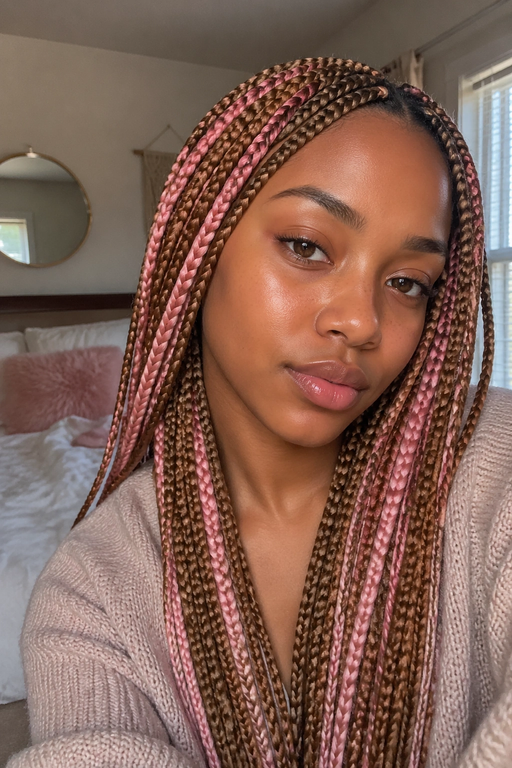 Close-up of honey brown braids with blush highlights on a real person in warm room light