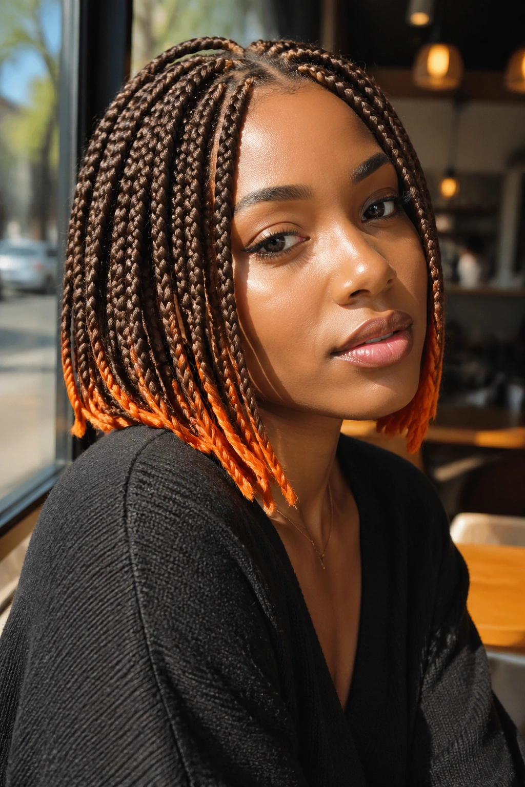 Close-up of a real woman with honey brown bob braids ending in burnt orange in cafe window light