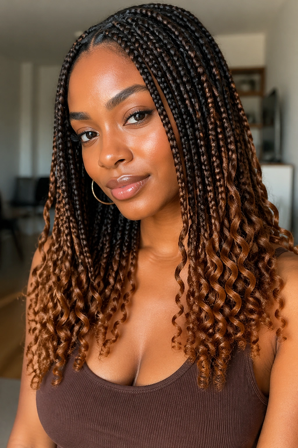 Colored honey-brown curly ends on box braids on a real person