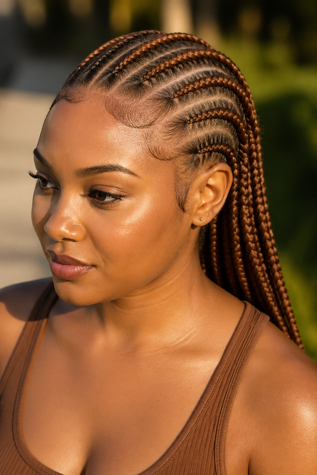 Close-up of a real person with six honey brown cornrows