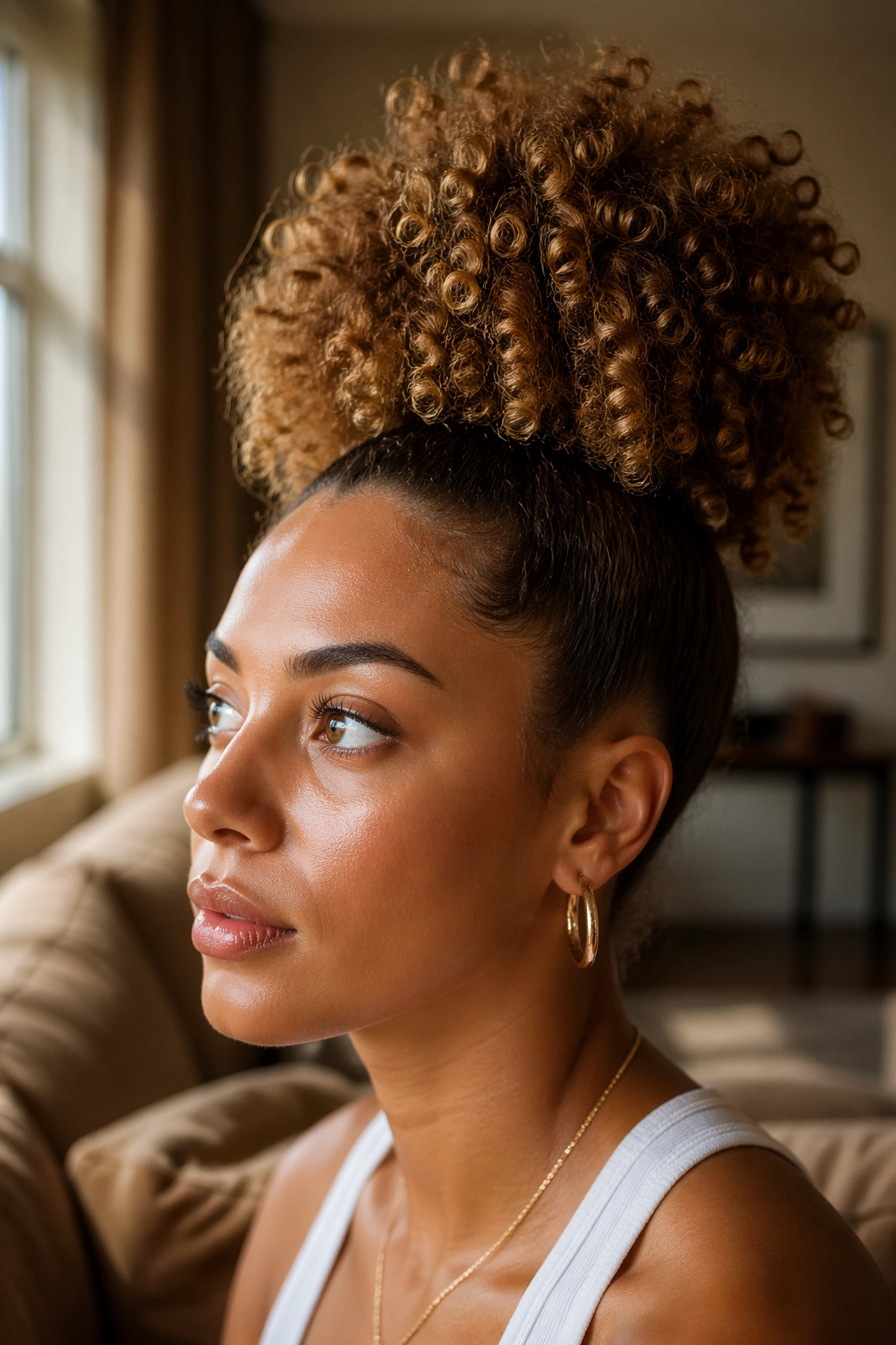 Close-up of a real woman with a honey brown high puff ponytail and defined curls, in warm window light.