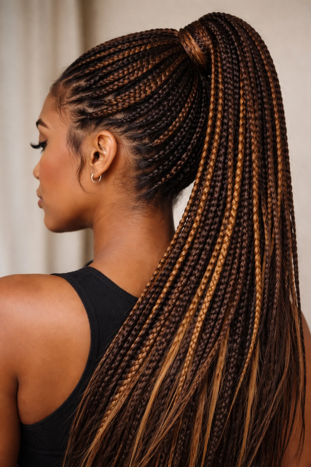 Close-up of knotless braids with honey-brown highlights near roots