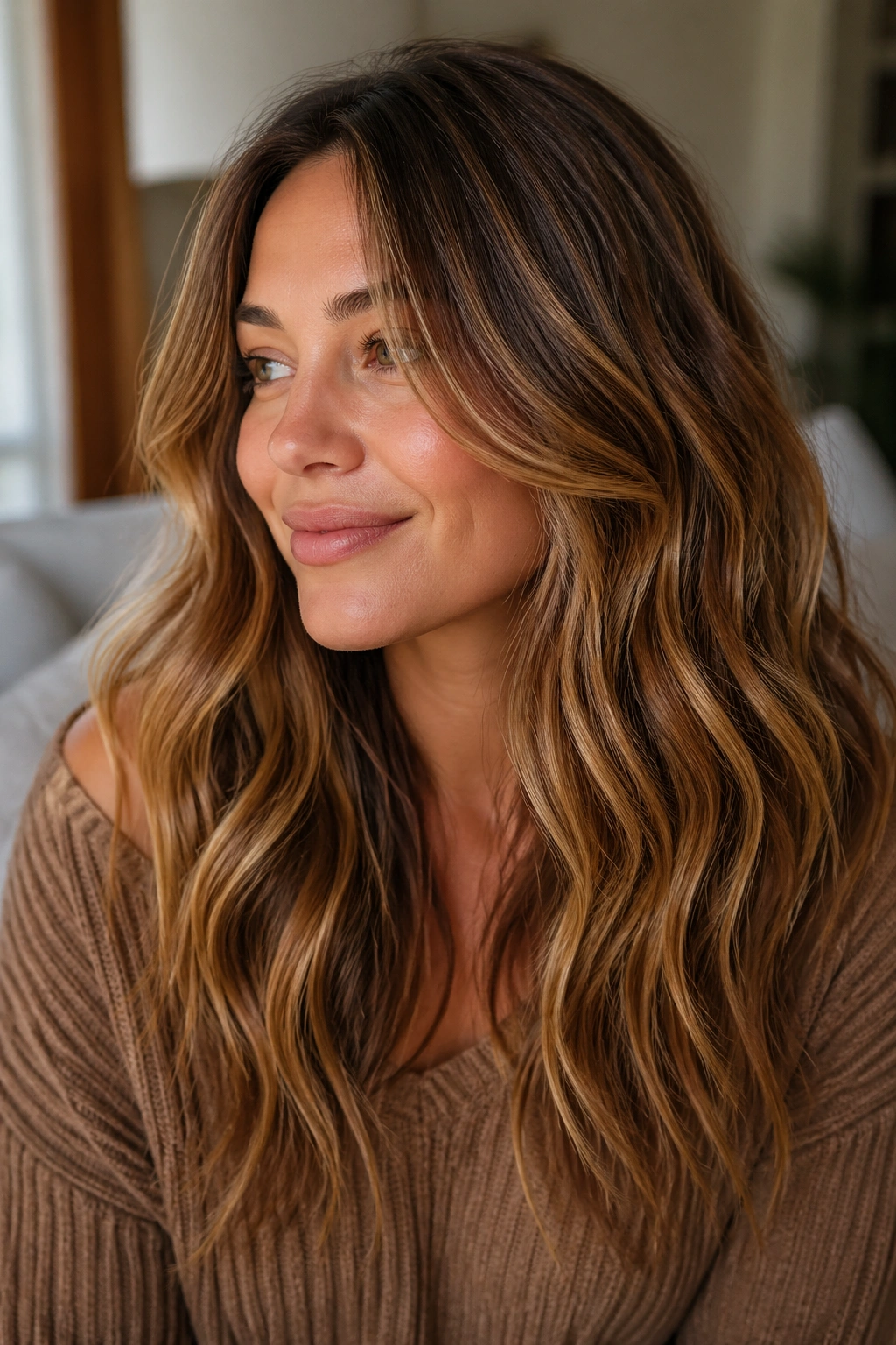 Close-up of a real woman with honey brown hair and highlights in soft waves