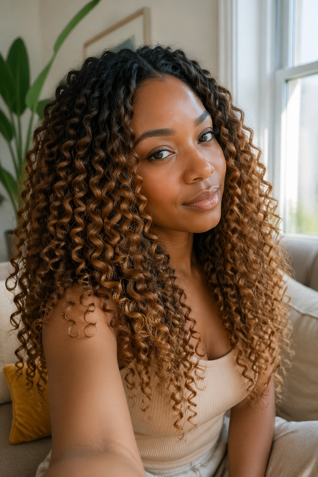 Real woman with honey-brown ombré crochet curls by sunlit window