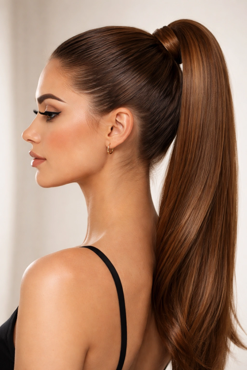 Close-up of a glossy honey brown high ponytail with a smooth crown