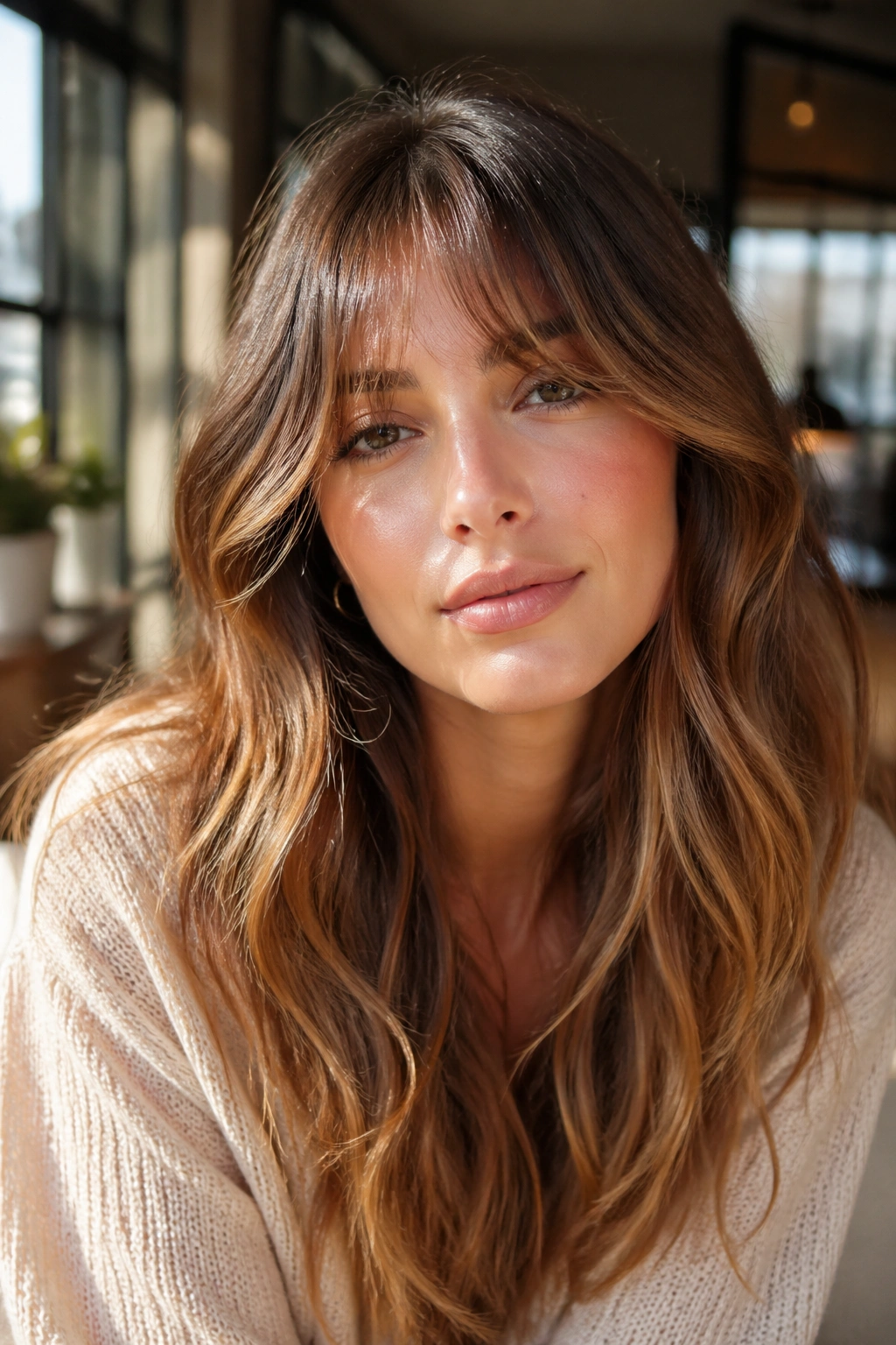 Close-up of a real woman with honey brown waves and airy bangs.