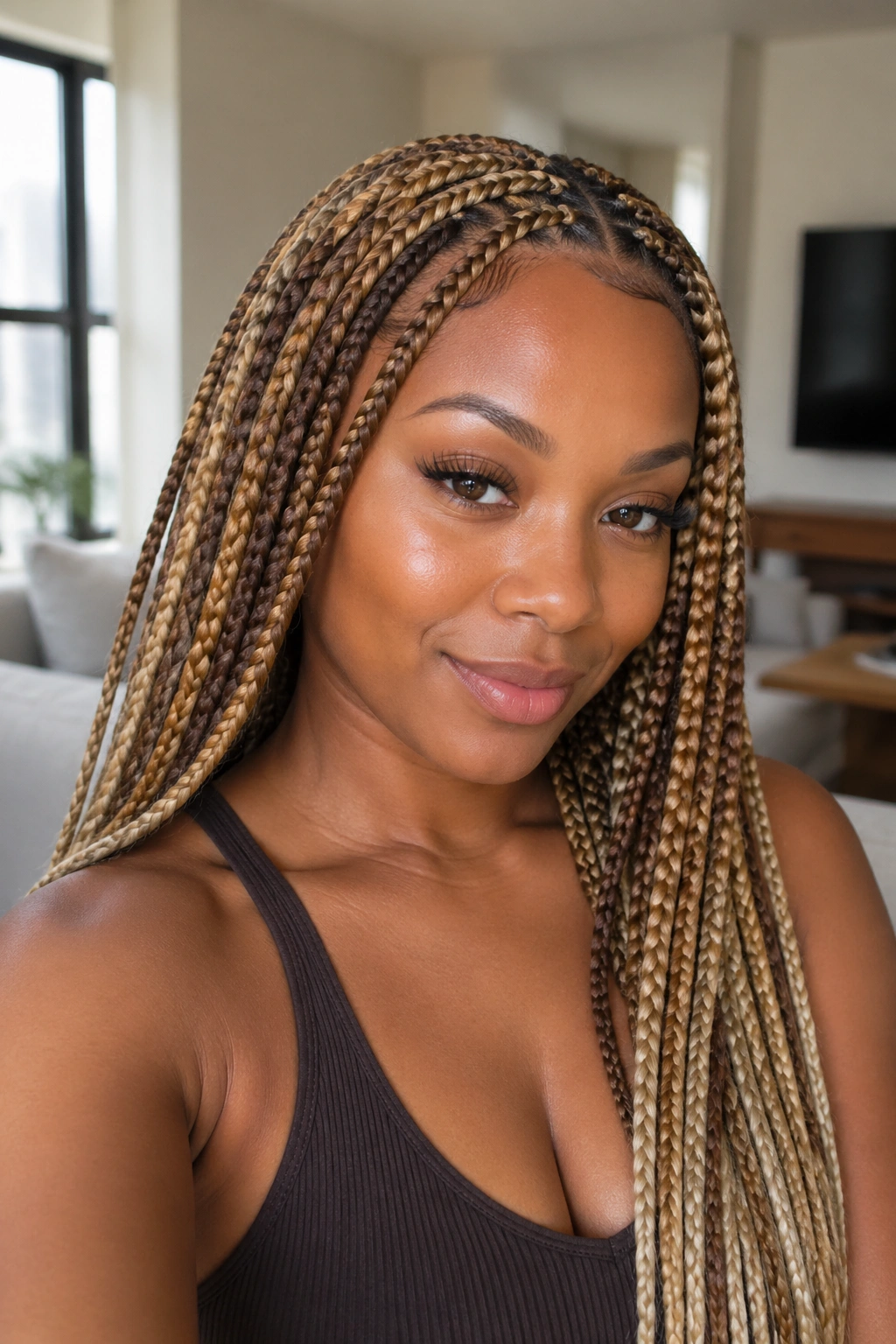Close-up of a real woman with honey caramel brown mix braids in natural light.