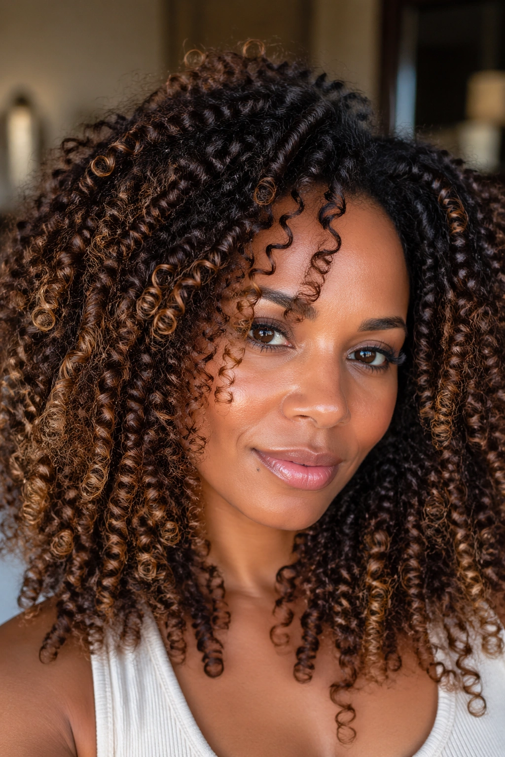 Close-up of a real woman's dark brown hair with honey caramel highlights