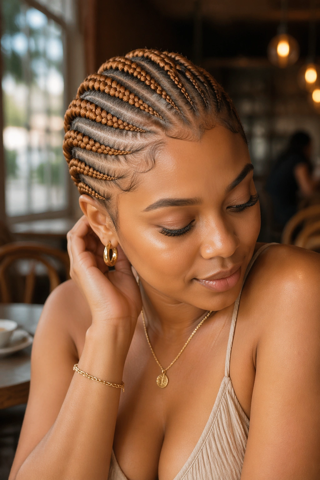 Medium close-up of a real person with honey-ginger cornrows sweeping diagonally across the head.