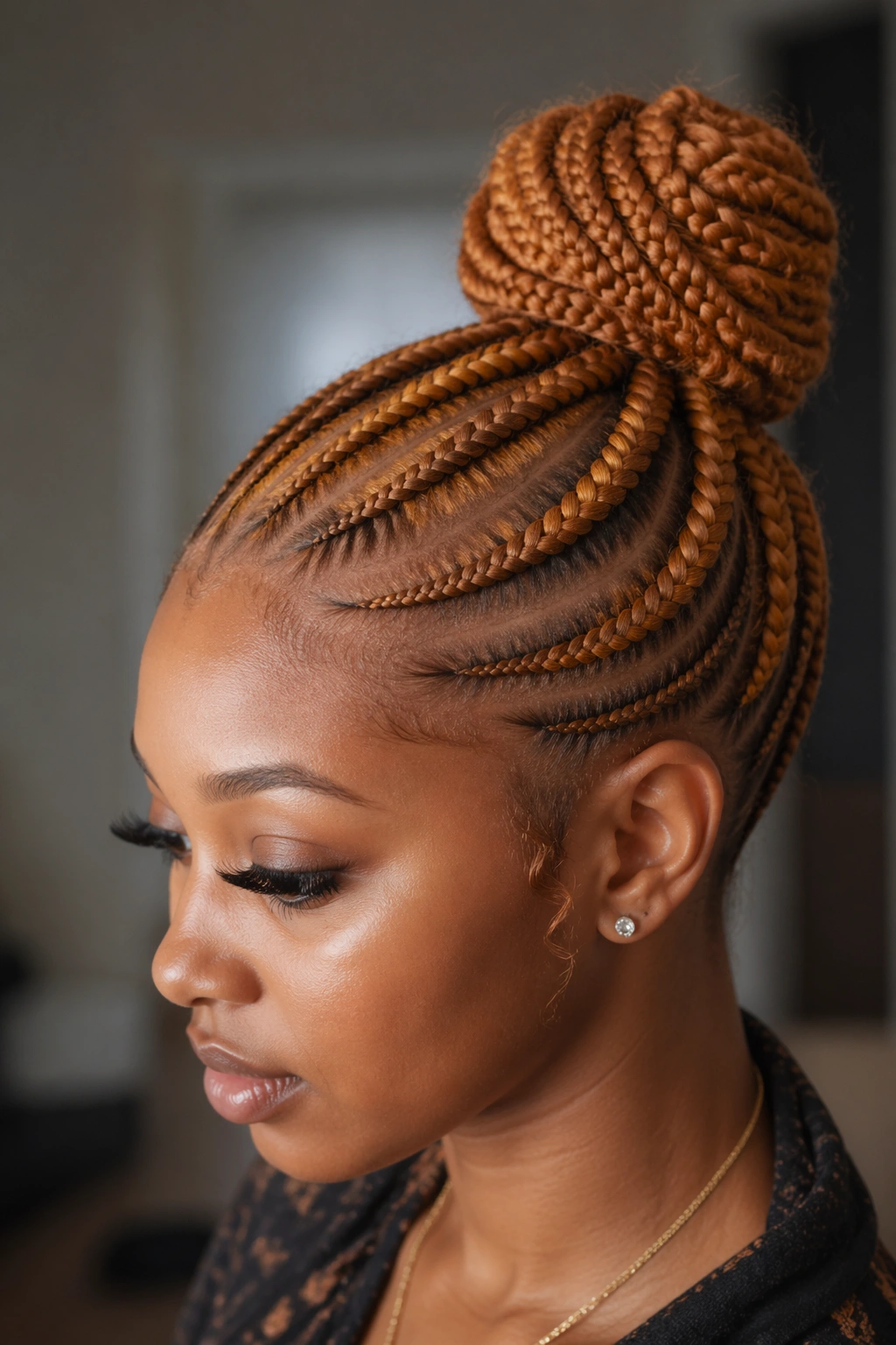 Close-up of a real woman with honey ginger cornrows tied into a bun at the crown