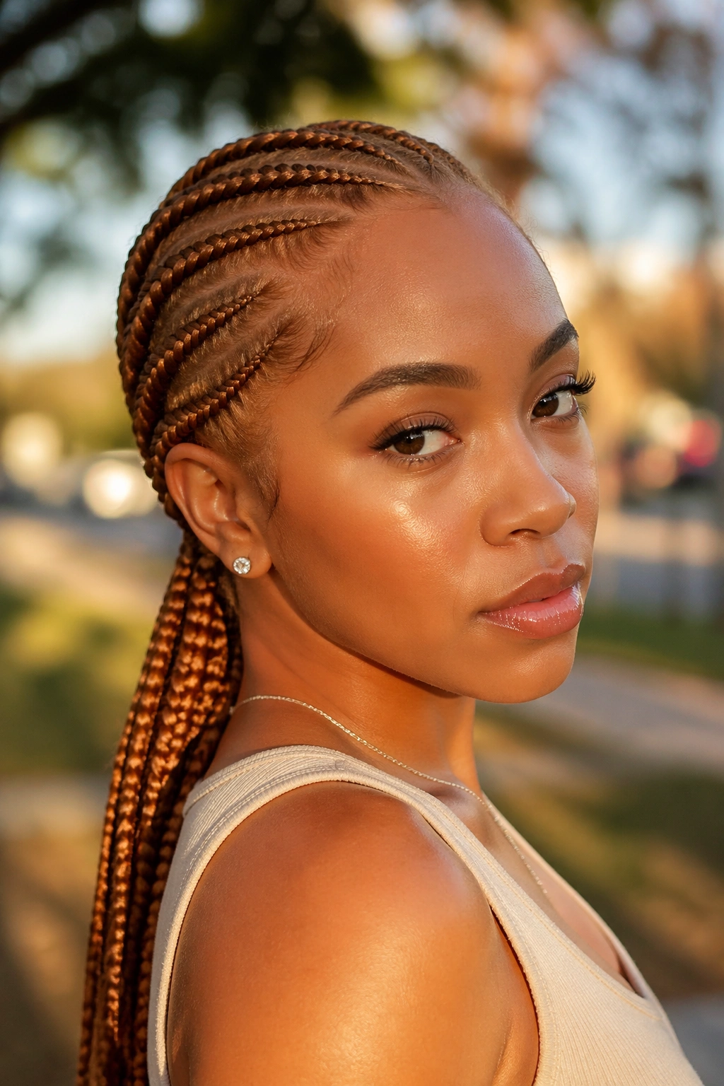 Portrait of a real person with honey ginger shade in cornrows outdoors
