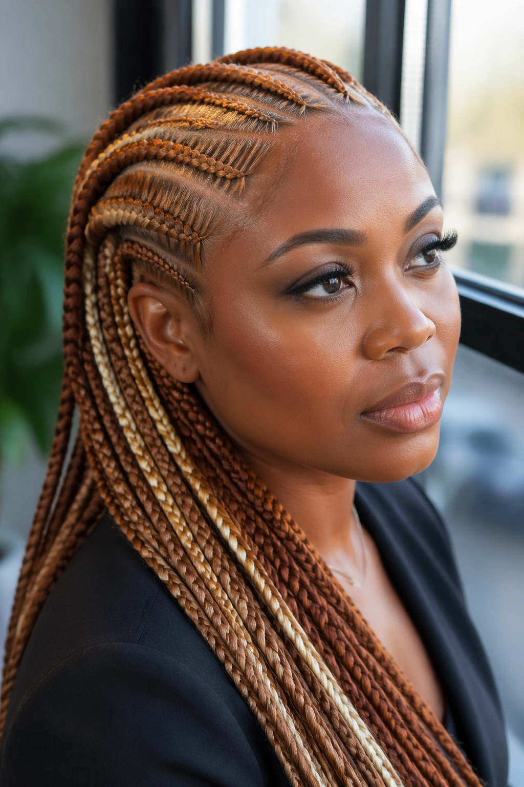Close-up of honey ginger with highlight streaks in braids on a real woman in daylight