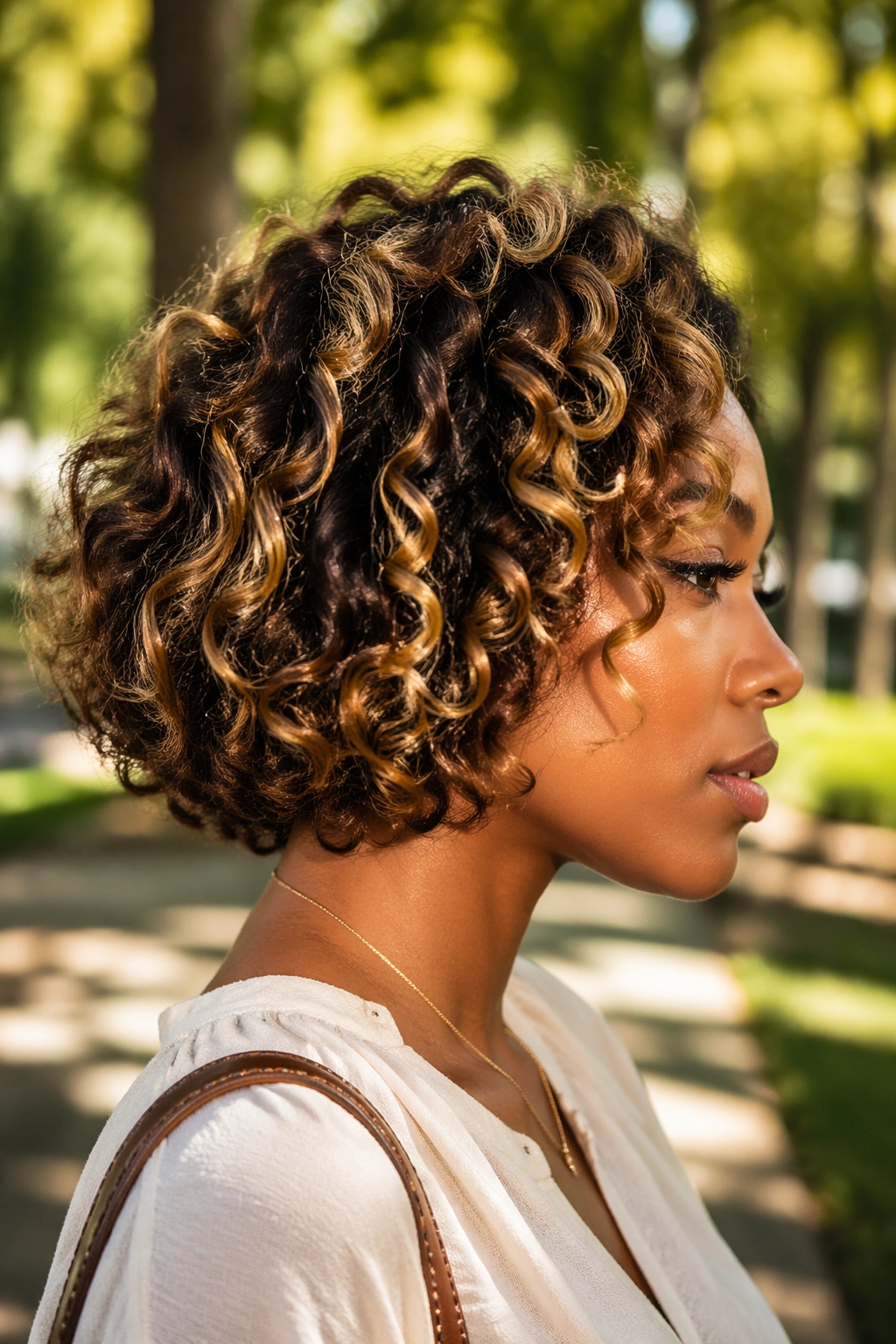 Side profile of honey-highlighted curly bob outdoors.