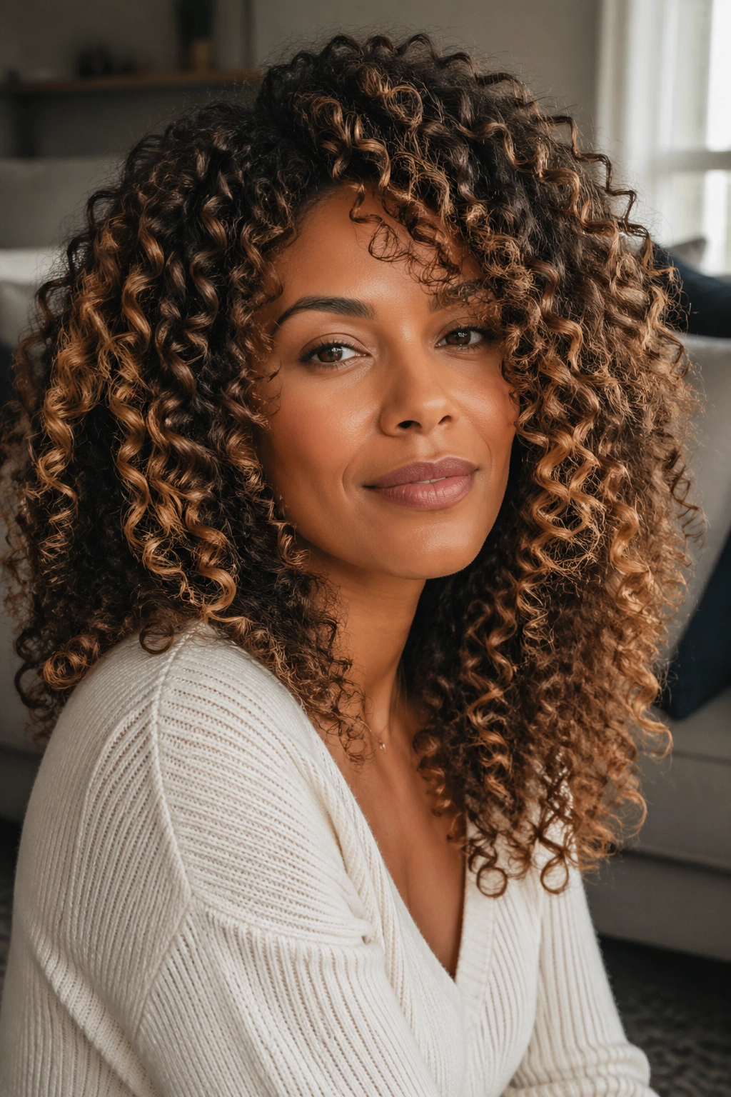 Portrait of a woman with dark curls and honey blonde highlights