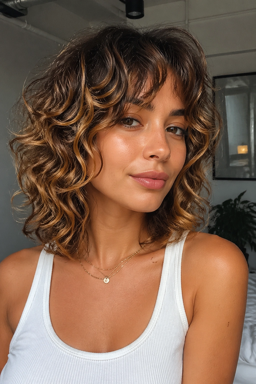 Shoulder-length curly shag with honey highlights emphasizing texture and volume